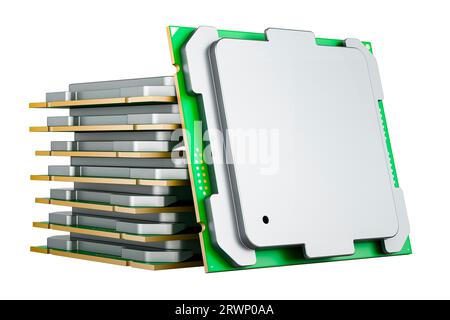 Stack di processori CPU per computer, rendering 3D isolato su sfondo bianco Foto Stock