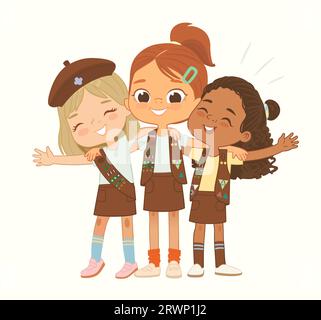 Buon abbraccio da scout per ragazze Brownies multi etniche anziane. Le ragazze Scout accolgono felicemente e sorridono. Ragazza insieme. Brownies Girls Scout Illustrazione Vettoriale