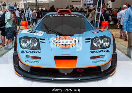 McLaren F1 GTR nella livrea del Golfo al Goodwood Festival of Speed Motorsport evento 2013, nell'area di celebrazione del 50° anniversario della McLaren 50 Foto Stock