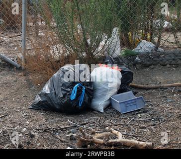 Sacchetti di plastica di rifiuti scaricati lungo la superstrada 880 presso l'Alameda Creek Trail a Union City, California, Foto Stock