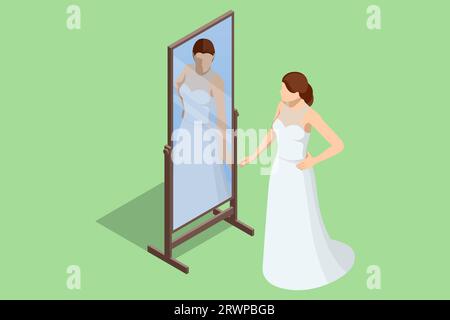 Isometric Bride è in piedi di fronte allo specchio e all'abito aderente. Donna il giorno del suo matrimonio e scelta di un abito da sposa nel negozio Illustrazione Vettoriale