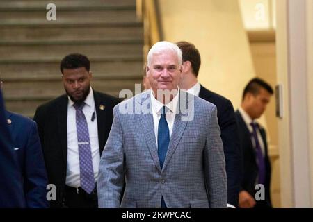 Washington, Stati Uniti. 20 settembre 2023. La maggioranza della camera Whip Tom Emmer, R-CA, cammina verso un incontro chiuso con la leadership repubblicana presso il Campidoglio degli Stati Uniti a Washington, DC mercoledì 20 settembre 2023. Foto di Bonnie Cash/UPI credito: UPI/Alamy Live News Foto Stock