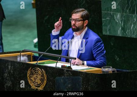 New York, USA. 20 settembre 2023. Il presidente cileno Gabriel Boric si rivolge alla 78a Assemblea generale delle Nazioni Unite presso la sede delle Nazioni Unite. Crediti: Enrique Shore/Alamy Live News Foto Stock