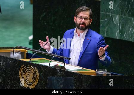 New York, USA. 20 settembre 2023. Il presidente cileno Gabriel Boric si rivolge alla 78a Assemblea generale delle Nazioni Unite presso la sede delle Nazioni Unite. Crediti: Enrique Shore/Alamy Live News Foto Stock