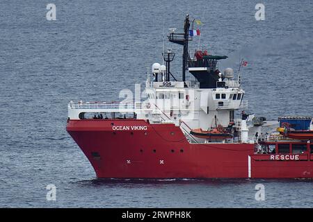 Marsiglia, Francia. 20 settembre 2023. La nave umanitaria Ocean Viking arriva al porto di Marsiglia per uno scalo tecnico prima di partire al largo della costa libica. (Immagine di credito: © Gerard bottino/SOPA Images via ZUMA Press Wire) SOLO USO EDITORIALE! Non per USO commerciale! Foto Stock