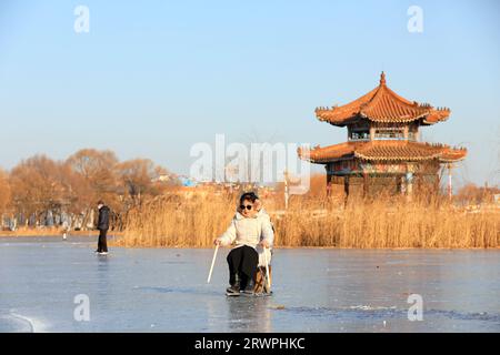 LUANNAN COUNTY, Cina - 16 gennaio 2022: I visitatori pattinano nel parco, nella Cina settentrionale Foto Stock