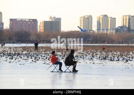 LUANNAN COUNTY, Cina - 16 gennaio 2022: I visitatori pattinano nel parco, nella Cina settentrionale Foto Stock