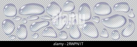 Set di gocce d'acqua realistiche su sfondo trasparente. Gocce di pioggia chiare in macro. Illustrazione del vettore di stock. Illustrazione Vettoriale