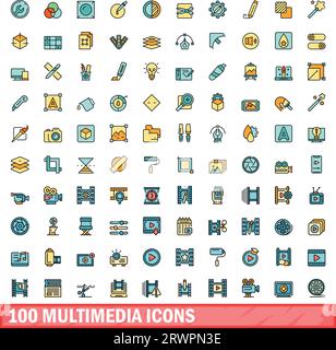 100 icone multimediali impostate. Set di linee di colori di icone vettoriali multimediali colore linea sottile piatto su bianco Illustrazione Vettoriale