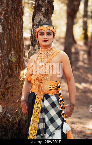 Uomo balinese in piedi nella foresta mentre indossa una corona d'oro e una collana d'oro durante il giorno Foto Stock