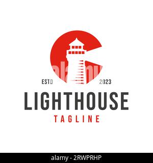 Edificio torre C con sorgente luminosa in alto, navigatore marino Lighthouse, logo Design Vector Illustrazione Vettoriale