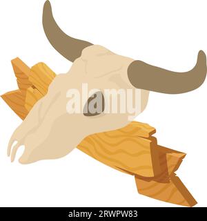 Icona simbolo Wildwest vettore isometrico. Grande teschio di bufalo vicino a un cartello di legno. Concetto del selvaggio West Illustrazione Vettoriale