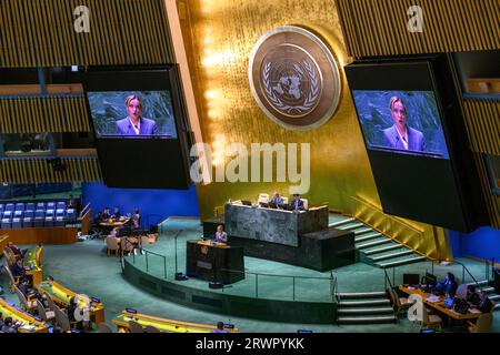 New York, USA. 20 settembre 2023. Il primo ministro italiano Giorgia Meloni si rivolge alla 78a Assemblea generale delle Nazioni Unite presso la sede delle Nazioni Unite. Crediti: Enrique Shore/Alamy Live News Foto Stock