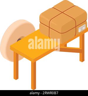 Icona attrezzatura da officina vettore isometrico. Mola rotonda e pacco postale. Attrezzatura, pezzo di ricambio, consegna Illustrazione Vettoriale