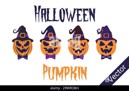 Set zucca Halloween con cappello da strega, illustrazioni piatte isolate su sfondo bianco Illustrazione Vettoriale