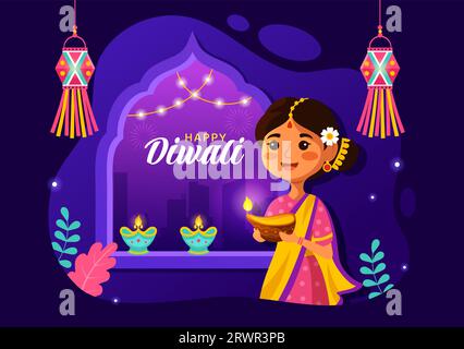 Happy Diwali Hindu Vector Illustration con Indian Rangoli e Fireworks background per Light Festival of India in Flat Kids Cartoon Design Illustrazione Vettoriale