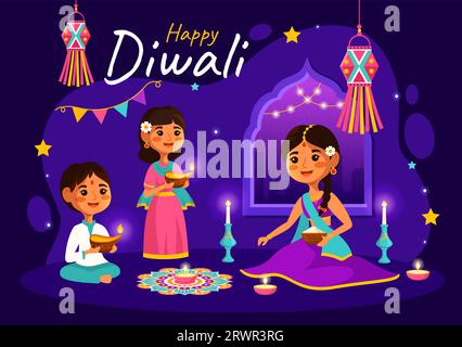 Happy Diwali Hindu Vector Illustration con Indian Rangoli e Fireworks background per Light Festival of India in Flat Kids Cartoon Design Illustrazione Vettoriale