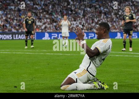 Madrid, Spagna. 20 settembre 2023. David Alaba del Real Madrid reagisce durante la partita di UEFA Champions League del gruppo C tra Real Madrid e Union Berlin a Madrid, in Spagna, 20 settembre 2023. Crediti: Yuheng Zhang/Xinhua/Alamy Live News Foto Stock