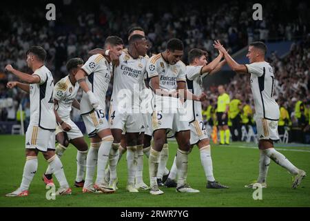 Madrid, Spagna. 20 settembre 2023. I giocatori del Real Madrid celebrano un gol durante la partita di UEFA Champions League gruppo C tra Real Madrid e Union Berlin a Madrid, in Spagna, 20 settembre 2023. Crediti: Yuheng Zhang/Xinhua/Alamy Live News Foto Stock