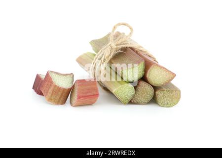 Mazzo di gambi di rabarbaro appena tagliati legati insieme con una corda isolata su fondo bianco, benefici per la salute di mangiare rabarbaro Foto Stock