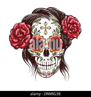 Teschio umano con Sugar Skull Makeup Day of the Dead Illustration isolato su bianco. Illustrazione vettoriale Illustrazione Vettoriale