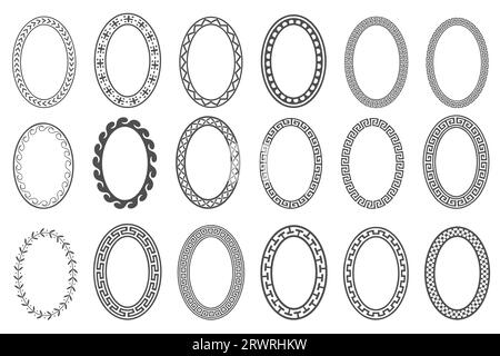 Set di telai ovali con chiave greca. Bordi del cerchio con ornamenti del meandro. Ellisse disegni antichi. Vettore Illustrazione Vettoriale