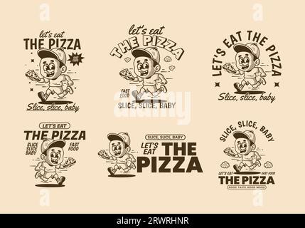 Mangiamo la pizza, un ragazzino che corre e regge una fetta di pizza, illustrazioni vintage Illustrazione Vettoriale