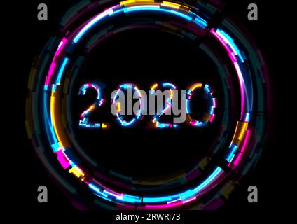 Sfondo astratto colorato brillante al neon per il nuovo anno 2020. Design vettoriale del biglietto d'auguri di Natale con effetto glitch laser Illustrazione Vettoriale