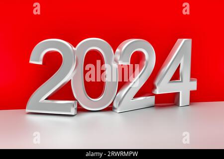 Luccicante numero 2024 su sfondo rosso vivace, a simboleggiare l'arrivo del nuovo anno. Festeggia il futuro con noi! Foto Stock