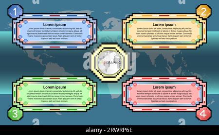 La progettazione di infografiche pixel per il successo commerciale richiede quattro processi ed elementi. Creare un modello di progettazione infografica della timeline. Diagrammi Illustrazione Vettoriale