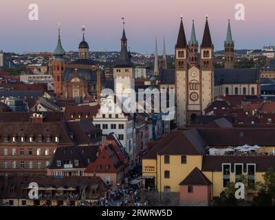 Vista da Marienberg alla chiesa romanica di San Cattedrale di Kilian, vecchio municipio, città vecchia, Würzburg, bassa Franconia, Franconia, Baviera, Germania, Europa Foto Stock