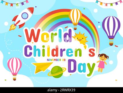 Illustrazione vettoriale della giornata mondiale dei bambini il 20 novembre con bambini e arcobaleno in Children Celebration Cartoon Bright Sky Blue background Design Illustrazione Vettoriale