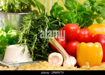 Pasta, erbe, verdure e panna cotta su un piatto di soglia su sfondo verde.panna cotta, tagliatelle, aglio, pomodori, rosmarino, basil su un davanzale Foto Stock