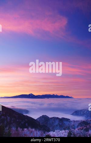 Catena montuosa di Yatsugatake, Mt. Fuji e mare di nuvole all'alba da Utsukushigahara Foto Stock