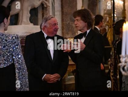 Versailles, Francia. 20 settembre 2023. Il presidente del Senato Gerard Larcher e Mick Jagger assistettero al banchetto di Stato presso la Galerie Des Glaces dello Chateau de Versailles mercoledì 20 settembre 2023, a Versailles, in Francia, durante il primo giorno della visita di stato della coppia reale britannica nel paese. Foto di Eric Tschaen/Pool/ABACAPRESS.COM credito: Abaca Press/Alamy Live News Foto Stock