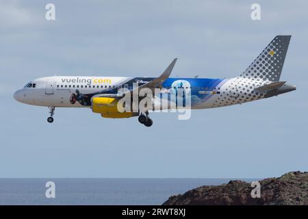 Gando, aeropuerto de Gran Canaria. Avión de Línea Airbus A320 de la aerolínea Vueling aterrizando Foto Stock