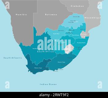 Illustrazione vettoriale moderna. Mappa geografica semplificata della Repubblica sudafricana e confina con i paesi limitrofi. Sfondo blu indiano Illustrazione Vettoriale