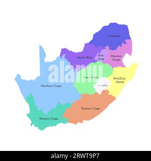 Illustrazione vettoriale isolata della mappa amministrativa semplificata del Sudafrica. Confini e nomi delle regioni. Silhouette multicolore Illustrazione Vettoriale