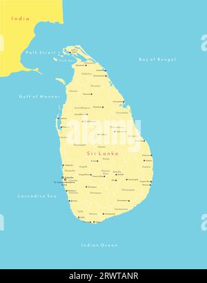 Illustrazione vettoriale moderna. Mappa geografica semplificata dello Sri Lanka (ana India parzialmente). Sfondo blu dell'Oceano Indiano, Baia del Bengala. Nomi di Illustrazione Vettoriale