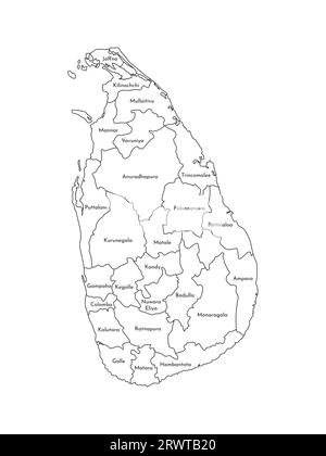 Illustrazione vettoriale isolata della mappa amministrativa semplificata dello Sri Lanka. Confini e nomi delle regioni. Silhouette nere. Illustrazione Vettoriale