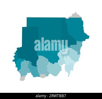 Illustrazione vettoriale isolata della mappa amministrativa semplificata del Sudan. Confini delle regioni. Sagome kaki blu colorato. Illustrazione Vettoriale