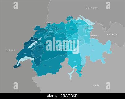 Illustrazione vettoriale moderna. Mappa amministrativa semplificata della Svizzera e dei paesi confinanti. Forme di laghi azzurri. Nomi svizzeri Illustrazione Vettoriale