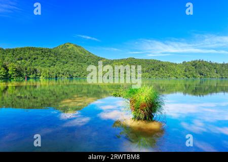 Laghetto di Onuma e monte Shiga e rocce con vegetazione umida Foto Stock