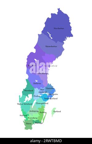 Illustrazione vettoriale isolata della mappa amministrativa semplificata della Svezia. Confini e nomi delle regioni. Silhouette multicolore. Illustrazione Vettoriale