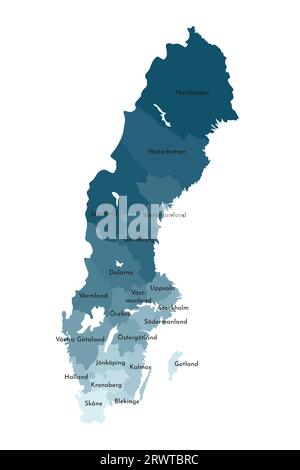 Illustrazione vettoriale isolata della mappa amministrativa semplificata della Svezia. Confini e nomi delle contee. Sagome kaki blu colorato. Illustrazione Vettoriale