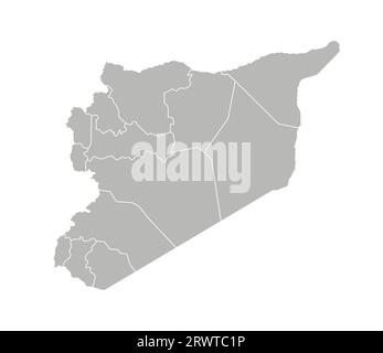 Illustrazione vettoriale isolata della mappa amministrativa semplificata della Siria. Confini delle province (regioni). Silhouette grigie. Contorno bianco. Illustrazione Vettoriale