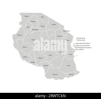 Illustrazione vettoriale isolata della mappa amministrativa semplificata della Tanzania. Confini e nomi delle regioni. Silhouette grigie. Contorno bianco. Illustrazione Vettoriale