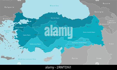 Illustrazione vettoriale moderna. Mappa geografica semplificata della Turchia e degli stati più vicini (Siria, Grecia, Bulgaria, Iran ecc.) Sfondo blu di Blac Illustrazione Vettoriale