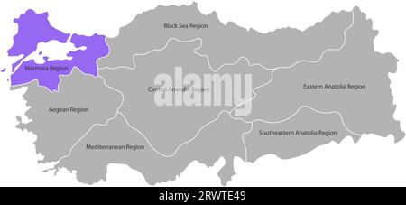 Mappa semplificata isolata vettoriale delle regioni della Turchia. Marcato regione di Marmara. Confini e nomi delle divisioni amministrative. Silhouette grigie, schienale bianco Illustrazione Vettoriale