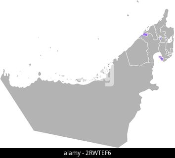 Illustrazione colorata semplificata con isolamento vettoriale con silhouette grigia degli Emirati Arabi Uniti (UAE), contorno viola della regione di Ajman e contorno bianco Illustrazione Vettoriale